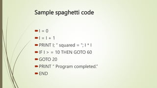 Sample spaghetti code
I = 0
I = I + 1
PRINT I; “ squared = “; I * I
IF I > = 10 THEN GOTO 60
GOTO 20
PRINT “ Program completed.”
END
 