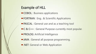 Example of HLL
COBOL : Business applications
FORTRAN : Eng.. & Scientific Applications
PASCAL : General use and as a teaching tool
C & C++ : General Purpose-currently most popular.
PROLOG: Artificial Intelligence
JAVA : General all purpose programming.
.NET: General or Web Application
 