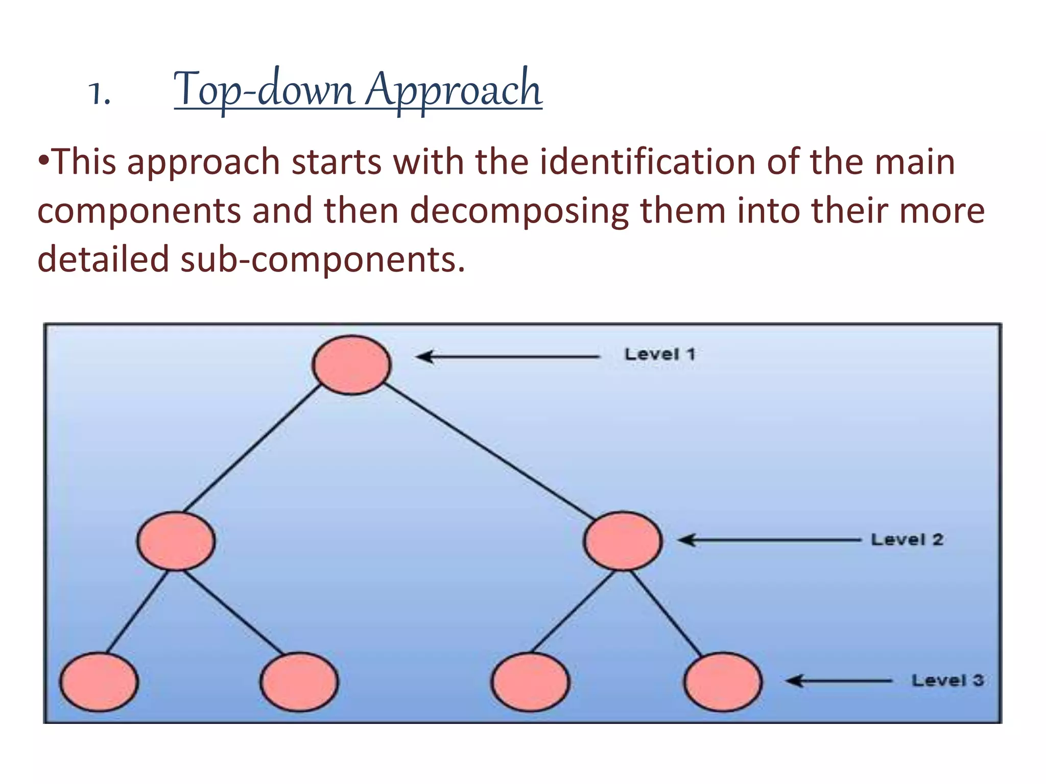 1. Top-down Approach
•This approach starts with the identification of the main
components and then decomposing them into their more
detailed sub-components.
 