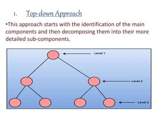 1. Top-down Approach
•This approach starts with the identification of the main
components and then decomposing them into their more
detailed sub-components.
 