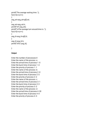 printf("The average waiting time :"); 
for(i=0;i<n;i++) 
{ 
avg_wt=avg_wt+p[i].wt; 
} 
avg_wt=avg_wt/n; 
printf("%f",avg_wt); 
printf("nThe average turn around time is :"); 
for(i=0;i<n;i++) 
{ 
avg_tt=avg_tt+p[i].tt; 
} 
avg_tt=avg_tt/n; 
printf("%fn",avg_tt); 
 
} 
 
Output 
 
Enter the number of processes:4 
Enter the name of the process :a 
Enter the arrival time of process 1 :0 
Enter the burst time of process 1 :4 
Enter the priority of process 1 :1 
Enter the name of the process :b 
Enter the arrival time of process 2 :0 
Enter the burst time of process 2 :5 
Enter the priority of process 2 :2 
Enter the name of the process :c 
Enter the arrival time of process 3 :1 
Enter the burst time of process 3 :3 
Enter the priority of process 3 :2 
Enter the name of the process :d 
Enter the arrival time of process 4 :20 
Enter the burst time of process 4 :4 
Enter the priority of process 4 :3 
 
 
 
 
 
 
 
 
