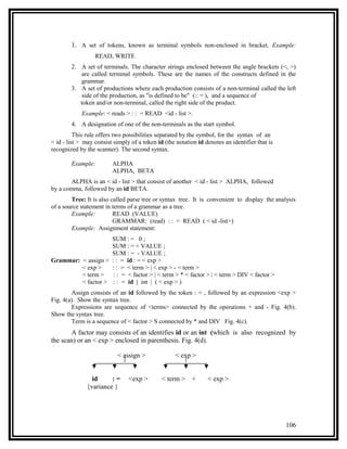 1. A set of tokens, known as terminal symbols non-enclosed in bracket. Example:
                  READ, WRITE
        2. A set of terminals. The character strings enclosed between the angle brackets (<, >)
           are called terminal symbols. These are the names of the constructs defined in the
           grammar.
        3. A set of productions where each production consists of a non-terminal called the left
           side of the production, as "is defined to be" (:: = ), and a sequence of
           token and/or non-terminal, called the right side of the product.
            Example: < reads > : : = READ <id - list >.
        4. A designation of one of the non-terminals as the start symbol.
          This rule offers two possibilities separated by the symbol, for the syntax of an
< id - list > may consist simply of a token id (the notation id denotes an identifier that is
recognized by the scanner). The second syntax.

        Example:         ALPHA
                         ALPHA, BETA
        ALPHA is an < id - list > that consist of another < id - list > ALPHA, followed
by a comma, followed by an id BETA.
        Tree: It is also called parse tree or syntax tree. It is convenient to display the analysis
of a source statement in terms of a grammar as a tree.
        Example:          READ (VALUE)
                          GRAMMAR: (read) : : = READ ( < id -list>)
        Example: Assignment statement:
                    SUM : = 0 ;
                    SUM : = + VALUE ;
                    SUM : = - VALUE ;
Grammar: < assign > : : = id : = < exp >
         < exp >    : : = < term > | < exp > - < term >
         < term >    : : = < factor > | < term > * < factor > | < term > DIV < factor >
         < factor > : : = id | int | ( < exp > )
        Assign consists of an id followed by the token : = , followed by an expression <exp >
Fig. 4(a). Show the syntax tree.
        Expressions are sequence of <terms> connected by the operations + and - Fig. 4(b).
Show the syntax tree.
        Term is a sequence of < factor > S connected by * and DIV Fig. 4(c).
       A factor may consists of an identifies id or an int (which is also recognized by
the scan) or an < exp > enclosed in parenthesis. Fig. 4(d).

                           < assign >               < exp >


                id     :=       <exp >        < term >     +     < exp >
              {variance }




                                                                                                106
 