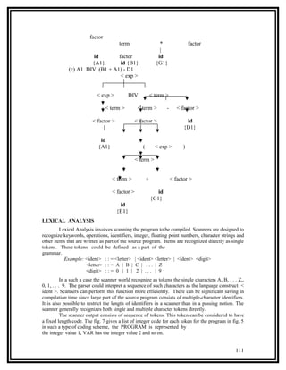 factor
                                       term                    *                 factor
                                                               |
                       id       factor                        id
                      {A1}       id {B1}                     {G1}
             (c) A1 DIV (B1 + A1) - D1
                                 < exp >


                           < exp >          DIV            < term >

                                 < term >        < term >          -      < factor >

                         < factor >             < factor >                    id
                              |                                              {D1}

                             id
                            {A1}                   (         < exp >         )

                                                < term >


                                   < term >            +               < factor >

                                   < factor >                 id
                                                           {G1}
                                       id
                                      {B1}
LEXICAL ANALYSIS
         Lexical Analysis involves scanning the program to be compiled. Scanners are designed to
recognize keywords, operations, identifiers, integer, floating point numbers, character strings and
other items that are written as part of the source program. Items are recognized directly as single
tokens. These tokens could be defined as a part of the
grammar.
           Example: <ident> : : = <letter> | <ident> <letter> | <ident> <digit>
                      <letter> : : = A | B | C | . . . | Z
                      <digit> : : = 0 | 1 | 2 | . . . | 9
           In a such a case the scanner world recognize as tokens the single characters A, B, . . . Z,,
0, 1, . . . 9. The parser could interpret a sequence of such characters as the language construct <
ident >. Scanners can perform this function more efficiently. There can be significant saving in
compilation time since large part of the source program consists of multiple-character identifiers.
It is also possible to restrict the length of identifiers in a scanner than in a passing notion. The
scanner generally recognizes both single and multiple character tokens directly.
           The scanner output consists of sequence of tokens. This token can be considered to have
a fixed length code. The fig. 7 gives a list of integer code for each token for the program in fig. 5
in such a type of coding scheme, the PROGRAM is represented by
the integer value 1, VAR has the integer value 2 and so on.


                                                                                                  111
 