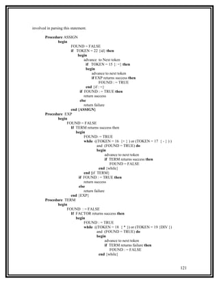 involved in parsing this statement.

        Procedure ASSIGN
              begin
                     FOUND = FALSE
                     if TOKEN = 22 {id} then
                         begin
                             advance to Next token
                              if TOKEN = 15 {: =} then
                              begin
                                  advance to next token
                                  if EXP returns success then
                                       FOUND : = TRUE
                              end {if : =}
                          if FOUND : = TRUE then
                             return success
                          else
                             return failure
                     end {ASSIGN}
        Procedure EXP
              begin
                   FOUND = FALSE
                     If TERM returns success then
                        begin
                             FOUND: = TRUE
                             while ((TOKEN = 16 {+ } ) or (TOKEN = 17 { - } ) )
                                      and (FOUND = TRUE) do
                                      begin
                                            advance to next token
                                            if TERM returns success then
                                               FOUND = FALSE
                                       end {while}
                             end {if TERM}
                         if FOUND : = TRUE then
                             return success
                         else
                             return failure
                     end {EXP}
        Procedure TERM
              begin
                   FOUND : = FALSE
                     If FACTOR returns success then
                        begin
                             FOUND : = TRUE
                             while ((TOKEN = 18 { * }) or (TOKEN = 19 {DIV })
                                      and (FOUND = TRUE) do
                                      begin
                                            advance to next token
                                            if TERM returns failure then
                                               FOUND : = FALSE
                                       end {while}


                                                                                  121
 