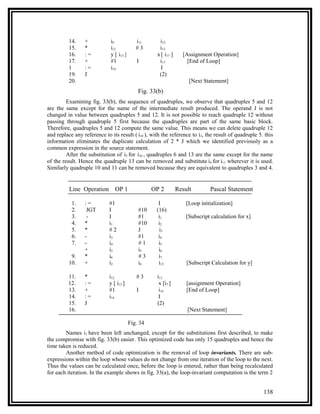 14.    +           i9             i11      i12
          15.    *           i12            #3       i13
          16.    :=          y [ i13 }              x [ i17 ]     [Assignment Operation]
          17.    +           #1             I        i17            [End of Loop]
          1      :=          i14                      I
          19.    J                                   (2)
          20.                                                        [Next Statement]
                                             Fig. 33(b)
         Examining fig. 33(b), the sequence of quadruples, we observe that quadruples 5 and 12
are the same except for the name of the intermediate result produced. The operand J is not
changed in value between quadruples 5 and 12. It is not possible to reach quadruple 12 without
passing through quadruple 5 first because the quadruples are part of the same basic block.
Therefore, quadruples 5 and 12 compute the same value. This means we can delete quadruple 12
and replace any reference to its result ( i10 ), with the reference to i3, the result of quadruple 5. this
information eliminates the duplicate calculation of 2 * J which we identified previously as a
common expression in the source statement.
         After the substitution of i3 for i10 , quadruples 6 and 13 are the same except for the name
of the result. Hence the quadruple 13 can be removed and substitute i4 for i11 wherever it is used.
Similarly quadruple 10 and 11 can be removed because they are equivalent to quadruples 3 and 4.


          Line Operation        OP 1               OP 2         Result        Pascal Statement

           1.    :=          #1                      I              [Loop initialization]
           2.     JGT        I               #10    (16)
           3.     -          I               #1      i1             [Subscript calculation for x]
           4.    *           i1              #10     i2
           5.    *           #2              J       i3
           6.    -           i3              #1      i4
           7.    -           i4              #1      i5
                 +           i2              i5      i6
           9.    *           i6              #3      i7
          10.    +           i2              i4      i12            [Subscript Calculation for y]

          11.    *           i12            #3      i13
          12.    :=          y [ i13 ]               x [i7 ]        [assignment Operation]
          13.    +           #1             I        i14            [End of Loop]
          14.    :=          i14                     I
          15.    J                                  (2)
          16.                                                       [Next Statement]

                                         Fig. 34
        Names i1 have been left unchanged, except for the substitutions first described, to make
the compromise with fig. 33(b) easier. This optimized code has only 15 quadruples and hence the
time taken is reduced.
        Another method of code optimization is the removal of loop invariants. There are sub-
expressions within the loop whose values do not change from one iteration of the loop to the next.
Thus the values can be calculated once, before the loop is entered, rather than being recalculated
for each iteration. In the example shows in fig. 33(a), the loop-invariant computation is the term 2


                                                                                                     138
 