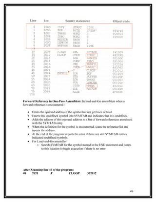 Forward Reference in One-Pass Assemblers: In load-and-Go assemblers when a
forward reference is encountered :

   •   Omits the operand address if the symbol has not yet been defined
   •   Enters this undefined symbol into SYMTAB and indicates that it is undefined
   •   Adds the address of this operand address to a list of forward references associated
       with the SYMTAB entry
   •   When the definition for the symbol is encountered, scans the reference list and
       inserts the address.
   •   At the end of the program, reports the error if there are still SYMTAB entries
       indicated undefined symbols.
   •   For Load-and-Go assembler
           o Search SYMTAB for the symbol named in the END statement and jumps
               to this location to begin execution if there is no error




After Scanning line 40 of the program:
40     2021          J`            CLOOP            302012




                                                                                        49
 
