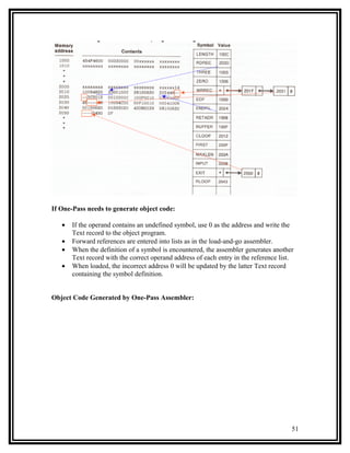 If One-Pass needs to generate object code:

   •   If the operand contains an undefined symbol, use 0 as the address and write the
       Text record to the object program.
   •   Forward references are entered into lists as in the load-and-go assembler.
   •   When the definition of a symbol is encountered, the assembler generates another
       Text record with the correct operand address of each entry in the reference list.
   •   When loaded, the incorrect address 0 will be updated by the latter Text record
       containing the symbol definition.


Object Code Generated by One-Pass Assembler:




                                                                                       51
 