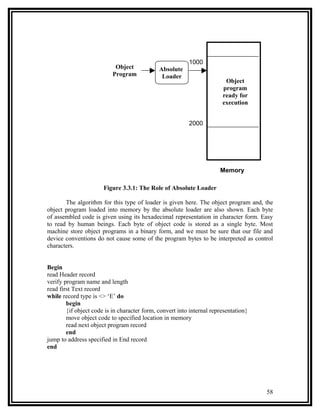 1000
                            Object            Absolute
                           Program             Loader
                                                                         Object
                                                                        program
                                                                        ready for
                                                                        execution


                                                          2000




                                                                       Memory

                       Figure 3.3.1: The Role of Absolute Loader

       The algorithm for this type of loader is given here. The object program and, the
object program loaded into memory by the absolute loader are also shown. Each byte
of assembled code is given using its hexadecimal representation in character form. Easy
to read by human beings. Each byte of object code is stored as a single byte. Most
machine store object programs in a binary form, and we must be sure that our file and
device conventions do not cause some of the program bytes to be interpreted as control
characters.


Begin
read Header record
verify program name and length
read first Text record
while record type is <> ‘E’ do
        begin
        {if object code is in character form, convert into internal representation}
        move object code to specified location in memory
        read next object program record
        end
jump to address specified in End record
end




                                                                                      58
 