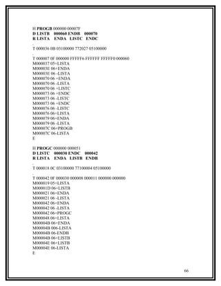 H PROGB 000000 00007F
D LISTB 000060 ENDB 000070
R LISTA ENDA LISTC ENDC
.
T 000036 0B 03100000 772027 05100000
.
T 000007 0F 000000 FFFFF6 FFFFFF FFFFF0 000060
M000037 05+LISTA
M00003E 06+ENDA
M00003E 06 -LISTA
M000070 06 +ENDA
M000070 06 -LISTA
M000070 06 +LISTC
M000073 06 +ENDC
M000073 06 -LISTC
M000073 06 +ENDC
M000076 06 -LISTC
M000076 06+LISTA
M000079 06+ENDA
M000079 06 -LISTA
M00007C 06+PROGB
M00007C 06-LISTA
E

H PROGC 000000 000051
D LISTC 000030 ENDC 000042
R LISTA ENDA LISTB ENDB
.
T 000018 0C 03100000 77100004 05100000
.
T 000042 0F 000030 000008 000011 000000 000000
M000019 05+LISTA
M00001D 06+LISTB
M000021 06+ENDA
M000021 06 -LISTA
M000042 06+ENDA
M000042 06 -LISTA
M000042 06+PROGC
M000048 06+LISTA
M00004B 06+ENDA
M00004B 006-LISTA
M00004B 06-ENDB
M00004B 06+LISTB
M00004E 06+LISTB
M00004E 06-LISTA
E



                                                 66
 