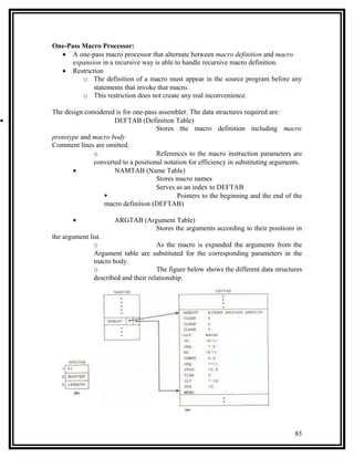 One-Pass Macro Processor:
      • A one-pass macro processor that alternate between macro definition and macro
          expansion in a recursive way is able to handle recursive macro definition.
      • Restriction
             o The definition of a macro must appear in the source program before any
                 statements that invoke that macro.
             o This restriction does not create any real inconvenience.

    The design considered is for one-pass assembler. The data structures required are:
•                        DEFTAB (Definition Table)
                                         Stores the macro definition including macro
    prototype and macro body
    Comment lines are omitted.
                  o                      References to the macro instruction parameters are
                  converted to a positional notation for efficiency in substituting arguments.
           •             NAMTAB (Name Table)
                                         Stores macro names
                                         Serves as an index to DEFTAB
                                                Pointers to the beginning and the end of the
                      macro definition (DEFTAB)

           •              ARGTAB (Argument Table)
                                     Stores the arguments according to their positions in
    the argument list.
                   o                      As the macro is expanded the arguments from the
                   Argument table are substituted for the corresponding parameters in the
                   macro body.
                   o                      The figure below shows the different data structures
                   described and their relationship.




                                                                                           85
 