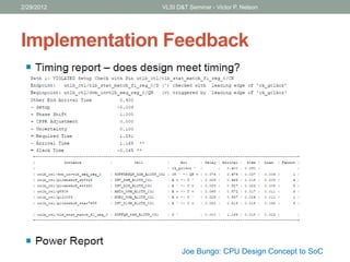 Implementation Feedback
2/29/2012 VLSI D&T Seminar - Victor P. Nelson
Joe Bungo: CPU Design Concept to SoC
 