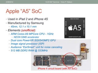 Apple “A5” SoC
• Used in iPad 2 and iPhone 4S
• Manufactured by Samsung
• 45nm, 12.1 x 10.1 mm
• Elements (unofficial):
• ARM Corex-A9 MPCore CPU - 1GHz
• NEON SIMD accelerator
• Dual core PowerVR SGX543MP2 GPU
• Image signal processor (ISP)
• Audience “EarSmart” unit for noise canceling
• 512 MB DDR2 RAM @ 533MHz
2/29/2012 VLSI D&T Seminar - Victor P. Nelson
iPhone 4 circuit board (with A4 SoC)
 