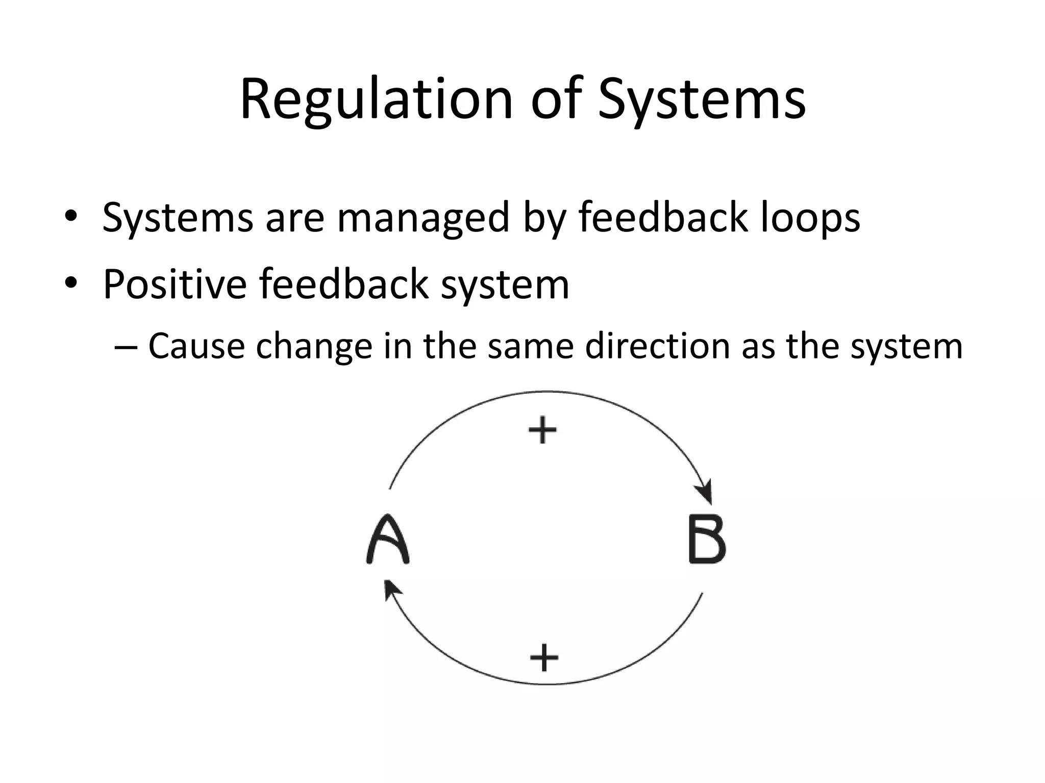 Regulation of SystemsSystems are managed by feedback loopsPositive feedback systemCause change in the same direction as the system