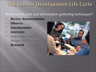 What are six data and information gathering techniques?
 Review documentation
 Observe
 Questionnaire
 Interview
 Joint-application
  design (JAD) session
 Research
 