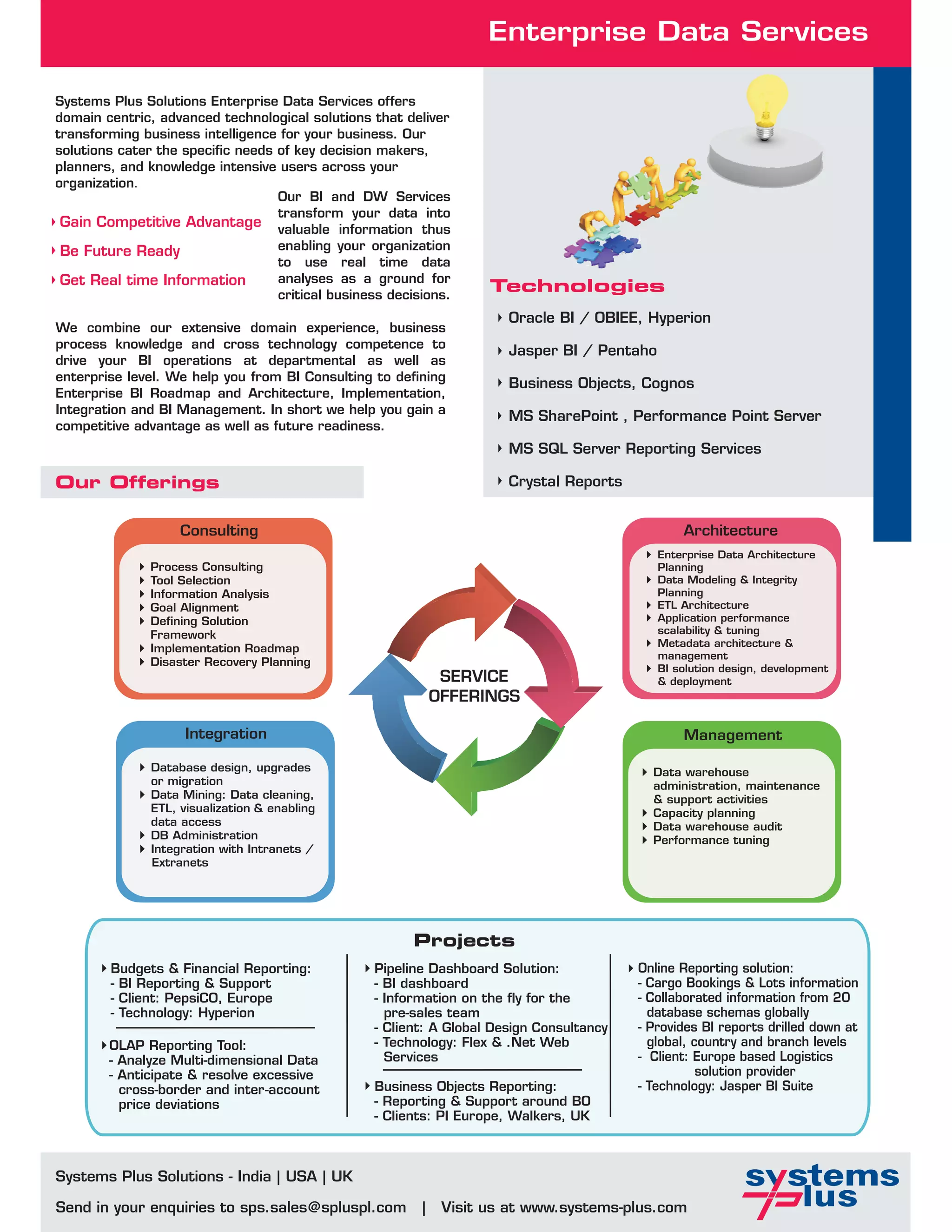 Enterprise Data Services

Systems Plus Solutions Enterprise Data Services offers
domain centric, advanced technological solutions that deliver
transforming business intelligence for your business. Our
solutions cater the specific needs of key decision makers,
planners, and knowledge intensive users across your
organization.
                                   Our BI and DW Services
                                   transform your data into
 Gain Competitive Advantage valuable information thus
 Be Future Ready                   enabling your organization
                                   to use real time data
 Get Real time Information         analyses as a ground for
                                   critical business decisions.
                                                                     Technologies
                                                                       Oracle BI / OBIEE, Hyperion
We combine our extensive domain experience, business
process knowledge and cross technology competence to
                                                                       Jasper BI / Pentaho
drive your BI operations at departmental as well as
enterprise level. We help you from BI Consulting to defining
                                                                       Business Objects, Cognos
Enterprise BI Roadmap and Architecture, Implementation,
Integration and BI Management. In short we help you gain a
                                                                       MS SharePoint , Performance Point Server
competitive advantage as well as future readiness.
                                                                       MS SQL Server Reporting Services

Our Offerings                                                          Crystal Reports


                    Consulting                                                                     Architecture
                                                                                             } Enterprise Data Architecture
             } Process Consulting                                                              Planning
             } Tool Selection                                                                } Data Modeling & Integrity
             } Information Analysis                                                            Planning
             } Goal Alignment                                                                } ETL Architecture
             } Defining Solution                                                             } Application performance
               Framework                                                                       scalability & tuning
                                                                                             } Metadata architecture &
             } Implementation Roadmap
                                                                                               management
             } Disaster Recovery Planning
                                                                                             } BI solution design, development
                                                               SERVICE                         & deployment
                                                              OFFERINGS

                     Integration                                                                   Management

             } Database design, upgrades                                                    } Data warehouse
               or migration                                                                   administration, maintenance
             } Data Mining: Data cleaning,                                                    & support activities
               ETL, visualization & enabling                                                } Capacity planning
               data access                                                                  } Data warehouse audit
             } DB Administration                                                            } Performance tuning
             } Integration with Intranets /
               Extranets




                                                         Projects
       } Budgets & Financial Reporting:          } Pipeline Dashboard Solution:           } Online Reporting solution:
        - BI Reporting & Support                  - BI dashboard                           - Cargo Bookings & Lots information
        - Client: PepsiCO, Europe                 - Information on the fly for the         - Collaborated information from 20
        - Technology: Hyperion                      pre-sales team                           database schemas globally
                                                  - Client: A Global Design Consultancy    - Provides BI reports drilled down at
       } OLAP Reporting Tool:                     - Technology: Flex & .Net Web              global, country and branch levels
        - Analyze Multi-dimensional Data            Services                               - Client: Europe based Logistics
        - Anticipate & resolve excessive                                                              solution provider
          cross-border and inter-account         } Business Objects Reporting:             - Technology: Jasper BI Suite
          price deviations                        - Reporting & Support around BO
                                                  - Clients: PI Europe, Walkers, UK



Systems Plus Solutions - India | USA | UK

Send in your enquiries to sps.sales@spluspl.com           |    Visit us at www.systems-plus.com
 