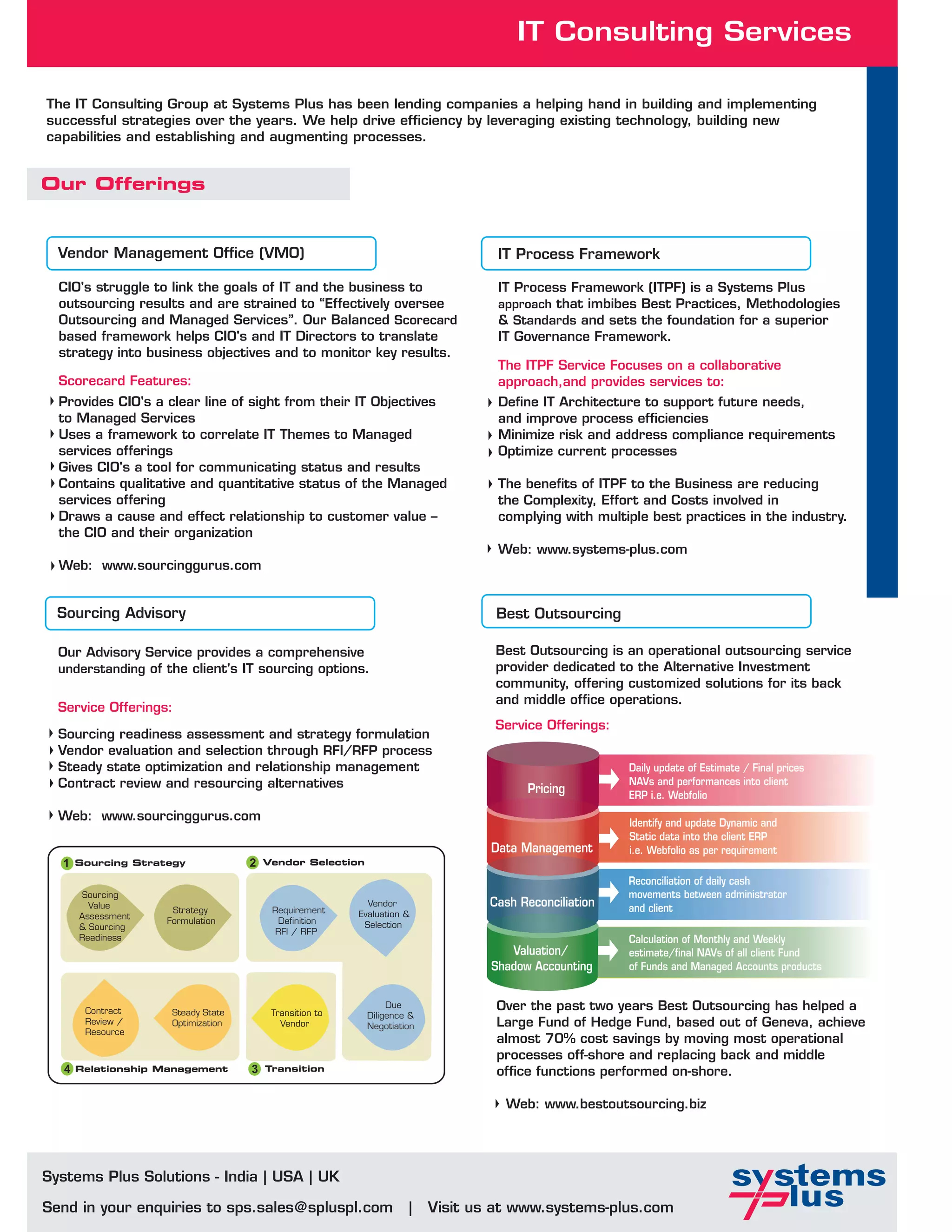IT Consulting Services

The IT Consulting Group at Systems Plus has been lending companies a helping hand in building and implementing
successful strategies over the years. We help drive efficiency by leveraging existing technology, building new
capabilities and establishing and augmenting processes.


Our Offerings


  Vendor Management Office (VMO)                                                   IT Process Framework

  CIO's struggle to link the goals of IT and the business to                       IT Process Framework (ITPF) is a Systems Plus
  outsourcing results and are strained to “Effectively oversee                     approach that imbibes Best Practices, Methodologies
  Outsourcing and Managed Services”. Our Balanced Scorecard                        & Standards and sets the foundation for a superior
  based framework helps CIO's and IT Directors to translate                        IT Governance Framework.
  strategy into business objectives and to monitor key results.
                                                                                   The ITPF Service Focuses on a collaborative
  Scorecard Features:                                                              approach,and provides services to:
  Provides CIO's a clear line of sight from their IT Objectives                    Define IT Architecture to support future needs,
  to Managed Services                                                              and improve process efficiencies
  Uses a framework to correlate IT Themes to Managed                               Minimize risk and address compliance requirements
  services offerings                                                               Optimize current processes
  Gives CIO's a tool for communicating status and results
  Contains qualitative and quantitative status of the Managed                      The benefits of ITPF to the Business are reducing
  services offering                                                                the Complexity, Effort and Costs involved in
  Draws a cause and effect relationship to customer value –                        complying with multiple best practices in the industry.
  the CIO and their organization
                                                                                   Web: www.systems-plus.com
  Web: www.sourcinggurus.com


  Sourcing Advisory                                                                Best Outsourcing

  Our Advisory Service provides a comprehensive                                   Best Outsourcing is an operational outsourcing service
  understanding of the client's IT sourcing options.                              provider dedicated to the Alternative Investment
                                                                                  community, offering customized solutions for its back
                                                                                  and middle office operations.
  Service Offerings:
                                                                                  Service Offerings:
  Sourcing readiness assessment and strategy formulation
  Vendor evaluation and selection through RFI/RFP process
  Steady state optimization and relationship management                                                 Daily update of Estimate / Final prices
  Contract review and resourcing alternatives                                                           NAVs and performances into client
                                                                                        Pricing         ERP i.e. Webfolio
  Web: www.sourcinggurus.com                                                                            Identify and update Dynamic and
                                                                                                        Static data into the client ERP
                                                                                  Data Management       i.e. Webfolio as per requirement
  1    Sourcing Strategy             2   Vendor Selection

                                                                                                        Reconciliation of daily cash
        Sourcing                                                                                        movements between administrator
         Value                                              Vendor                Cash Reconciliation   and client
                      Strategy            Requirement     Evaluation &
       Assessment
                     Formulation           Definition      Selection
       & Sourcing
                                          RFI / RFP
       Readiness                                                                                        Calculation of Monthly and Weekly
                                                                                     Valuation/         estimate/final NAVs of all client Fund
                                                                                  Shadow Accounting     of Funds and Managed Accounts products


        Contract      Steady State        Transition to
                                                                 Due               Over the past two years Best Outsourcing has helped a
                                                            Diligence &
        Review /      Optimization          Vendor          Negotiation            Large Fund of Hedge Fund, based out of Geneva, achieve
        Resource
                                                                                   almost 70% cost savings by moving most operational
                                                                                   processes off-shore and replacing back and middle
   4   Relationship Management       3   Transition                                office functions performed on-shore.

                                                                                    Web: www.bestoutsourcing.biz




Systems Plus Solutions - India | USA | UK

Send in your enquiries to sps.sales@spluspl.com                      |    Visit us at www.systems-plus.com
 