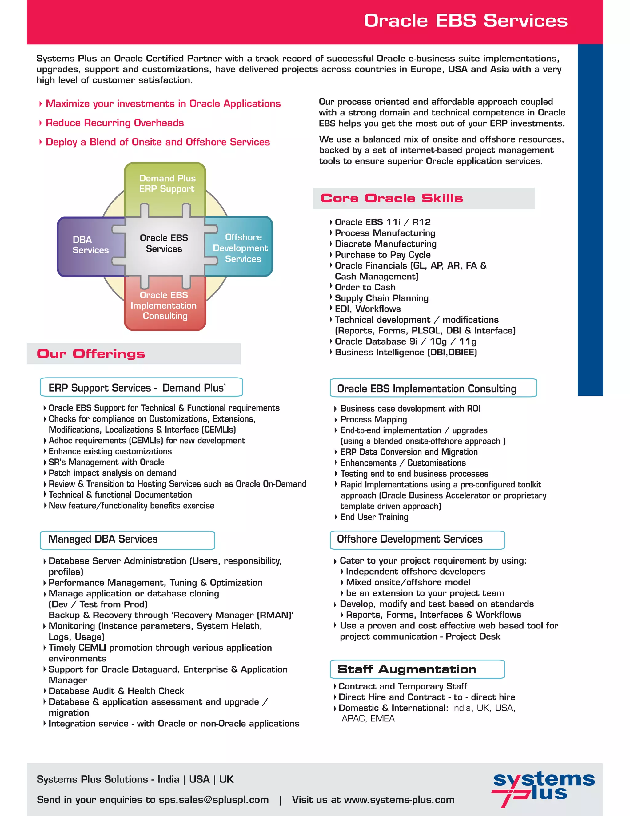 Oracle EBS Services
Systems Plus an Oracle Certified Partner with a track record of successful Oracle e-business suite implementations,
upgrades, support and customizations, have delivered projects across countries in Europe, USA and Asia with a very
high level of customer satisfaction.

  Maximize your investments in Oracle Applications                   Our process oriented and affordable approach coupled
                                                                     with a strong domain and technical competence in Oracle
  Reduce Recurring Overheads                                         EBS helps you get the most out of your ERP investments.

  Deploy a Blend of Onsite and Offshore Services                     We use a balanced mix of onsite and offshore resources,
                                                                     backed by a set of internet-based project management
                                                                     tools to ensure superior Oracle application services.
                        Demand Plus
                        ERP Support
                                                                     Core Oracle Skills
                                                                        Oracle EBS 11i / R12
                                            Offshore                    Process Manufacturing
       DBA              Oracle EBS
                                          Development                   Discrete Manufacturing
       Services          Services
                                            Services                    Purchase to Pay Cycle
                                                                        Oracle Financials (GL, AP, AR, FA &
                                                                        Cash Management)
                                                                        Order to Cash
                        Oracle EBS                                      Supply Chain Planning
                      Implementation                                    EDI, Workflows
                        Consulting                                      Technical development / modifications
                                                                        (Reports, Forms, PLSQL, DBI & Interface)
                                                                        Oracle Database 9i / 10g / 11g
Our Offerings                                                           Business Intelligence (DBI,OBIEE)



  ERP Support Services - Demand Plus’                                    Oracle EBS Implementation Consulting
  Oracle EBS Support for Technical & Functional requirements             Business case development with ROI
  Checks for compliance on Customizations, Extensions,                   Process Mapping
  Modifications, Localizations & Interface (CEMLIs)                      End-to-end implementation / upgrades
  Adhoc requirements (CEMLIs) for new development                        (using a blended onsite-offshore approach )
  Enhance existing customizations                                        ERP Data Conversion and Migration
  SR's Management with Oracle                                            Enhancements / Customisations
  Patch impact analysis on demand                                        Testing end to end business processes
  Review & Transition to Hosting Services such as Oracle On-Demand       Rapid Implementations using a pre-configured toolkit
  Technical & functional Documentation                                   approach (Oracle Business Accelerator or proprietary
  New feature/functionality benefits exercise                            template driven approach)
                                                                         End User Training

  Managed DBA Services                                                   Offshore Development Services

  Database Server Administration (Users, responsibility,                 Cater to your project requirement by using:
  profiles)                                                               Independent offshore developers
  Performance Management, Tuning & Optimization                           Mixed onsite/offshore model
  Manage application or database cloning                                  be an extension to your project team
  (Dev / Test from Prod)                                                 Develop, modify and test based on standards
  Backup & Recovery through ‘Recovery Manager (RMAN)’                     Reports, Forms, Interfaces & Workflows
  Monitoring (Instance parameters, System Helath,                        Use a proven and cost effective web based tool for
  Logs, Usage)                                                           project communication - Project Desk
  Timely CEMLI promotion through various application
  environments
  Support for Oracle Dataguard, Enterprise & Application                 Staff Augmentation
  Manager
                                                                         Contract and Temporary Staff
  Database Audit & Health Check
                                                                         Direct Hire and Contract - to - direct hire
  Database & application assessment and upgrade /
                                                                         Domestic & International: India, UK, USA,
  migration
                                                                         APAC, EMEA
  Integration service - with Oracle or non-Oracle applications




Systems Plus Solutions - India | USA | UK

Send in your enquiries to sps.sales@spluspl.com            |   Visit us at www.systems-plus.com
 
