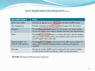 19
Joint Application Development (Cont.)
FIGURE 4-3 Typical JAD participants and roles
 