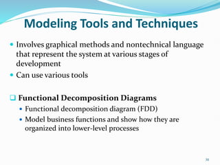 30
Modeling Tools and Techniques
 Involves graphical methods and nontechnical language
that represent the system at various stages of
development
 Can use various tools
 Functional Decomposition Diagrams
 Functional decomposition diagram (FDD)
 Model business functions and show how they are
organized into lower-level processes
 