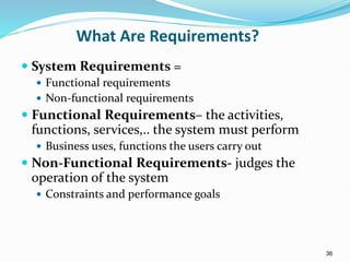 36
What Are Requirements?
 System Requirements =
 Functional requirements
 Non-functional requirements
 Functional Requirements– the activities,
functions, services,.. the system must perform
 Business uses, functions the users carry out
 Non-Functional Requirements- judges the
operation of the system
 Constraints and performance goals
 