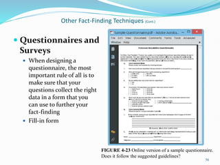 Other Fact-Finding Techniques (Cont.)
56
 Questionnaires and
Surveys
 When designing a
questionnaire, the most
important rule of all is to
make sure that your
questions collect the right
data in a form that you
can use to further your
fact-finding
 Fill-in form
FIGURE 4-23 Online version of a sample questionnaire.
Does it follow the suggested guidelines?
 