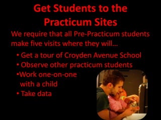 Get Students to the Practicum SitesWe require that all Pre-Practicum students make five visits where they will… Get a tour of Croyden Avenue School