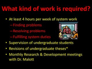 Choosing your system!While you’re listening, remember….You will be a part of the same system for both years in BATSYou’ll run the system with a 2nd years and an undergraduate 4 hours of work per weekKeeping the system running smoothlyWorking on a research & development project that improves some aspect of the systemAfter the presentation rank the systems on a scale from 1-111 = The system you’d MOST like to be a part of; #1 choice11 = The system you’d LEAST like to be a part of; your last choiceInterrupt us if you have questions!