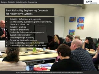 Systems Reliability in Automotive Engineering
https://www.tonex.com/training-courses/automotive-requirements-engineering-and-management/
Basic Reliability Engineering Concepts
for Automotive Systems
• Reliability definitions and concepts
• Maintainability, availability. planned downtime,
failure and failure rate
• Reliability analysis
• Reliability predictions
• Predict the failure rate of components
• Overall system reliability
• Evaluating design feasibility
• Comparing design alternatives
• Tools to identify potential failure areas
• Trade-off system design factors and more.
 