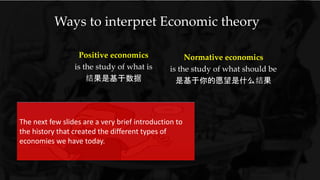 Ways to interpret Economic theory
Positive economics
is the study of what is
结果是基于数据
Normative economics
is the study of what should be
是基于你的愿望是什么结果
The next few slides are a very brief introduction to
the history that created the different types of
economies we have today.
 