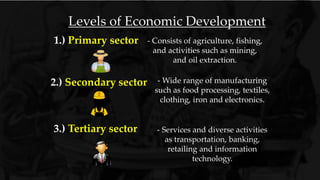 1.) Primary sector
Levels of Economic Development
2.) Secondary sector
3.) Tertiary sector - Services and diverse activities
as transportation, banking,
retailing and information
technology.
- Wide range of manufacturing
such as food processing, textiles,
clothing, iron and electronics.
- Consists of agriculture, fishing,
and activities such as mining,
and oil extraction.
 