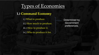 1.) Command Economy
Types of Economies
i.) What to produce.
ii.) How much to produce.
iii.) How to produce it.
iv.) Who to produce it for.
Determined by
Government
preferences.
 