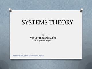 SYSTEMS THEORY
by
Mohammad Ali Jaafar
PhD Systems Mgmt.
Mohammad Ali Jaafar, PhD (Systems Mgmt.)
 