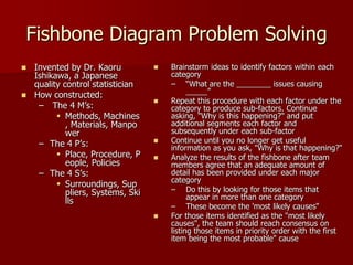 Fishbone Diagram Problem Solving
 Invented by Dr. Kaoru              Brainstorm ideas to identify factors within each
  Ishikawa, a Japanese                category
  quality control statistician        – “What are the ________ issues causing
 How constructed:
                                            _____”
                                     Repeat this procedure with each factor under the
   – The 4 M’s:                       category to produce sub-factors. Continue
         Methods, Machines           asking, "Why is this happening?" and put
           , Materials, Manpo         additional segments each factor and
           wer                        subsequently under each sub-factor
   – The 4 P’s:                      Continue until you no longer get useful
                                      information as you ask, "Why is that happening?"
         Place, Procedure, P        Analyze the results of the fishbone after team
           eople, Policies            members agree that an adequate amount of
   – The 4 S’s:                       detail has been provided under each major
                                      category
         Surroundings, Sup
           pliers, Systems, Ski       – Do this by looking for those items that
                                            appear in more than one category
           lls
                                      – These become the 'most likely causes"
                                     For those items identified as the "most likely
                                      causes", the team should reach consensus on
                                      listing those items in priority order with the first
                                      item being the most probable" cause
 
