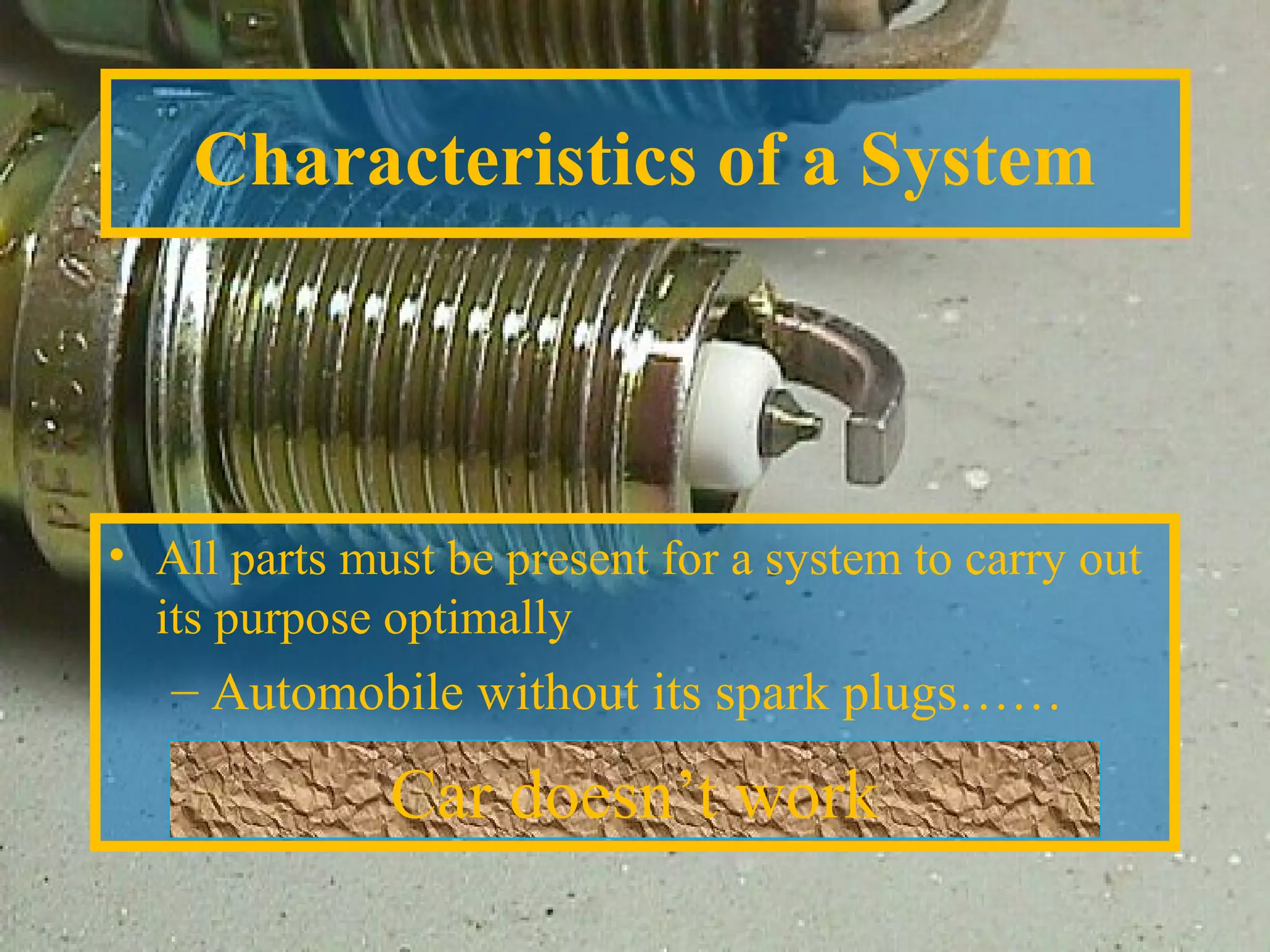Characteristics of a System 
• All parts must be present for a system to carry out 
its purpose optimally 
– Automobile without its spark plugs…… 
Car doesn’t work 
 