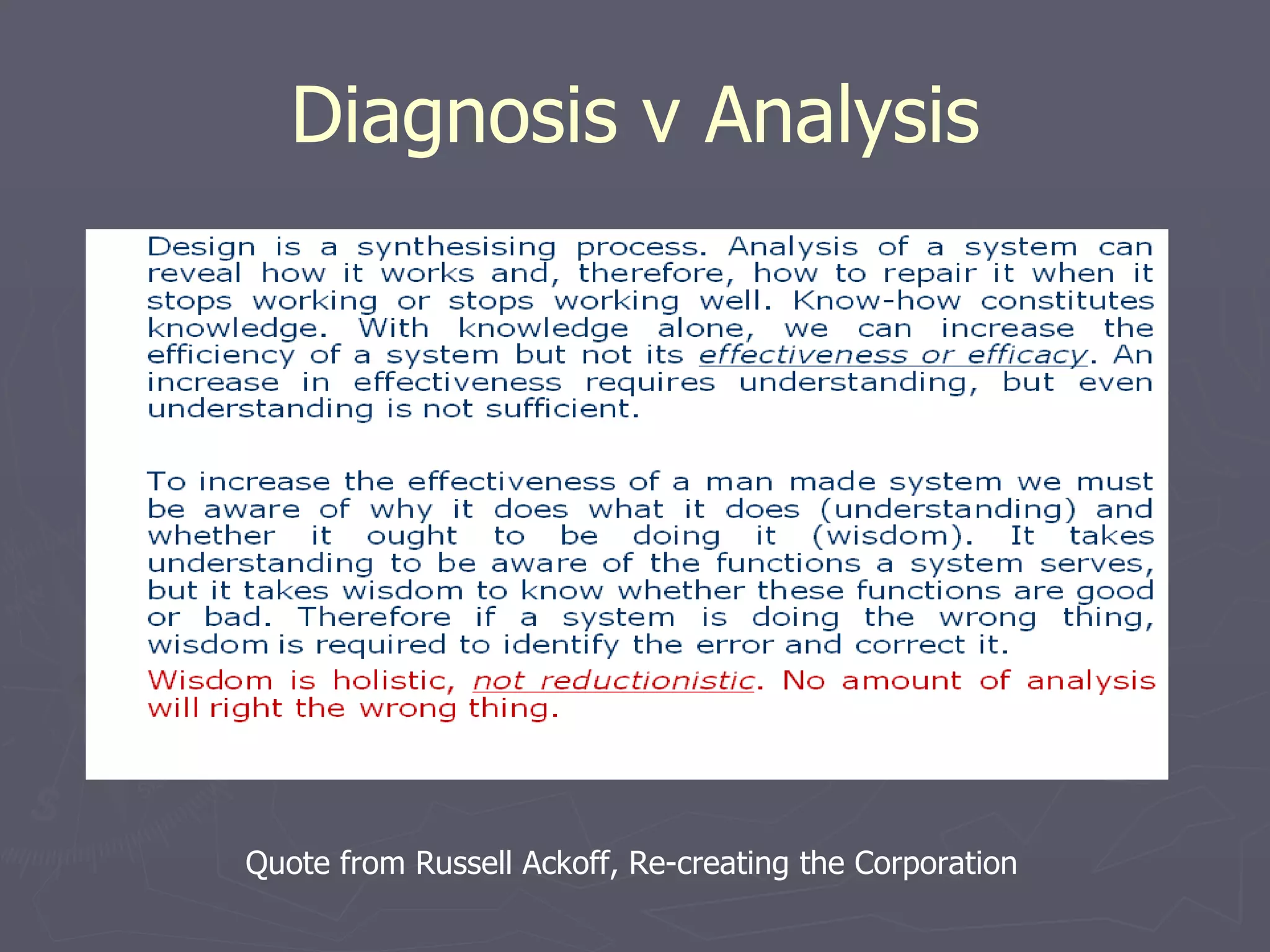 Diagnosis v Analysis Quote from Russell Ackoff, Re-creating the Corporation  
