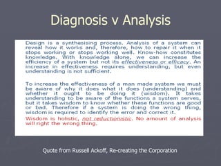 Diagnosis v Analysis Quote from Russell Ackoff, Re-creating the Corporation  