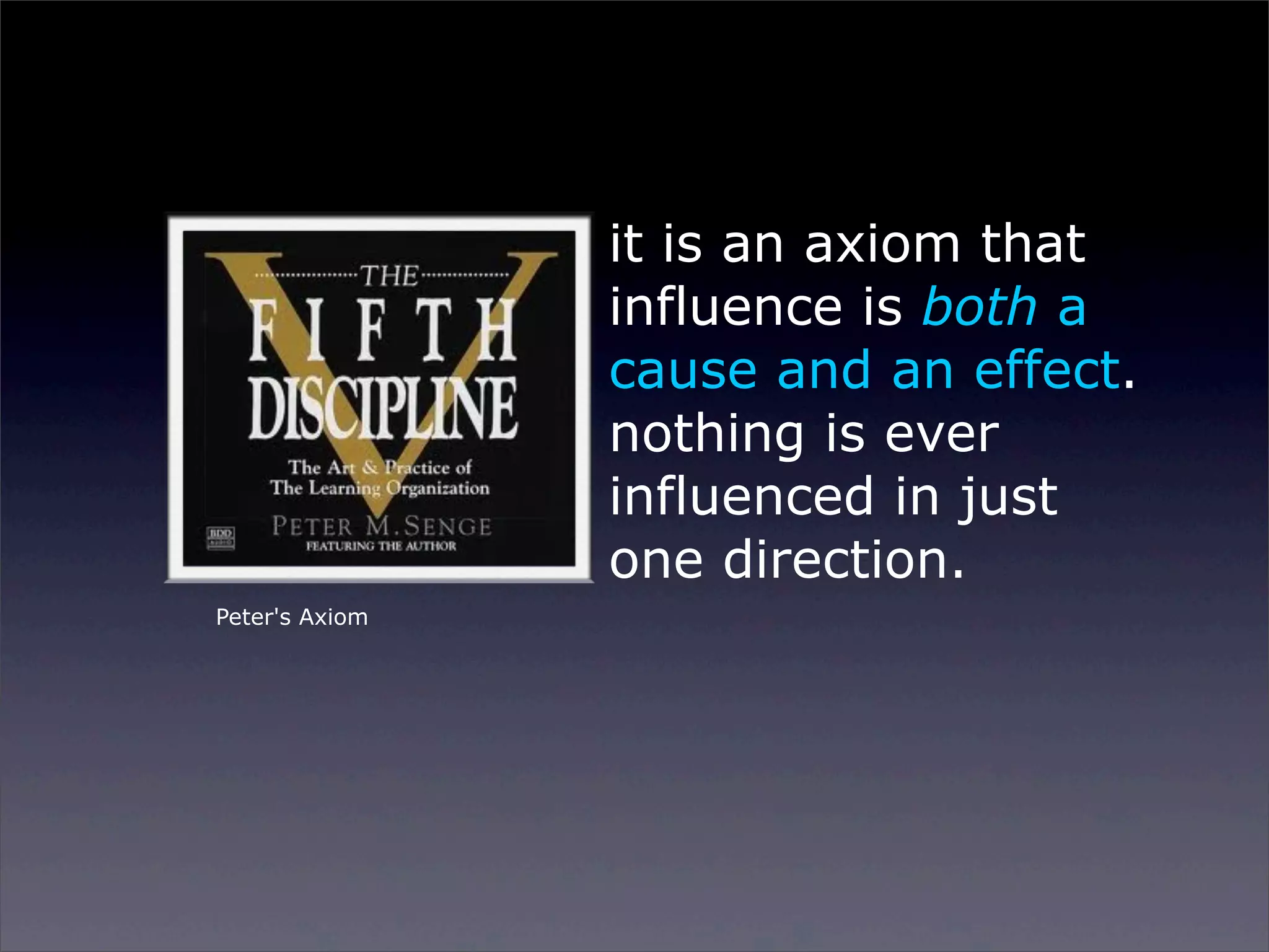 it is an axiom that
influence is both a
cause and an effect.
nothing is ever
influenced in just
one direction.
Peter's Axiom

Sunday, 2 March 14

 