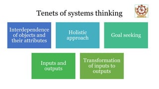 Tenets of systems thinking
Interdependence
of objects and
their attributes
Holistic
approach
Goal seeking
Inputs and
outputs
Transformation
of inputs to
outputs
 