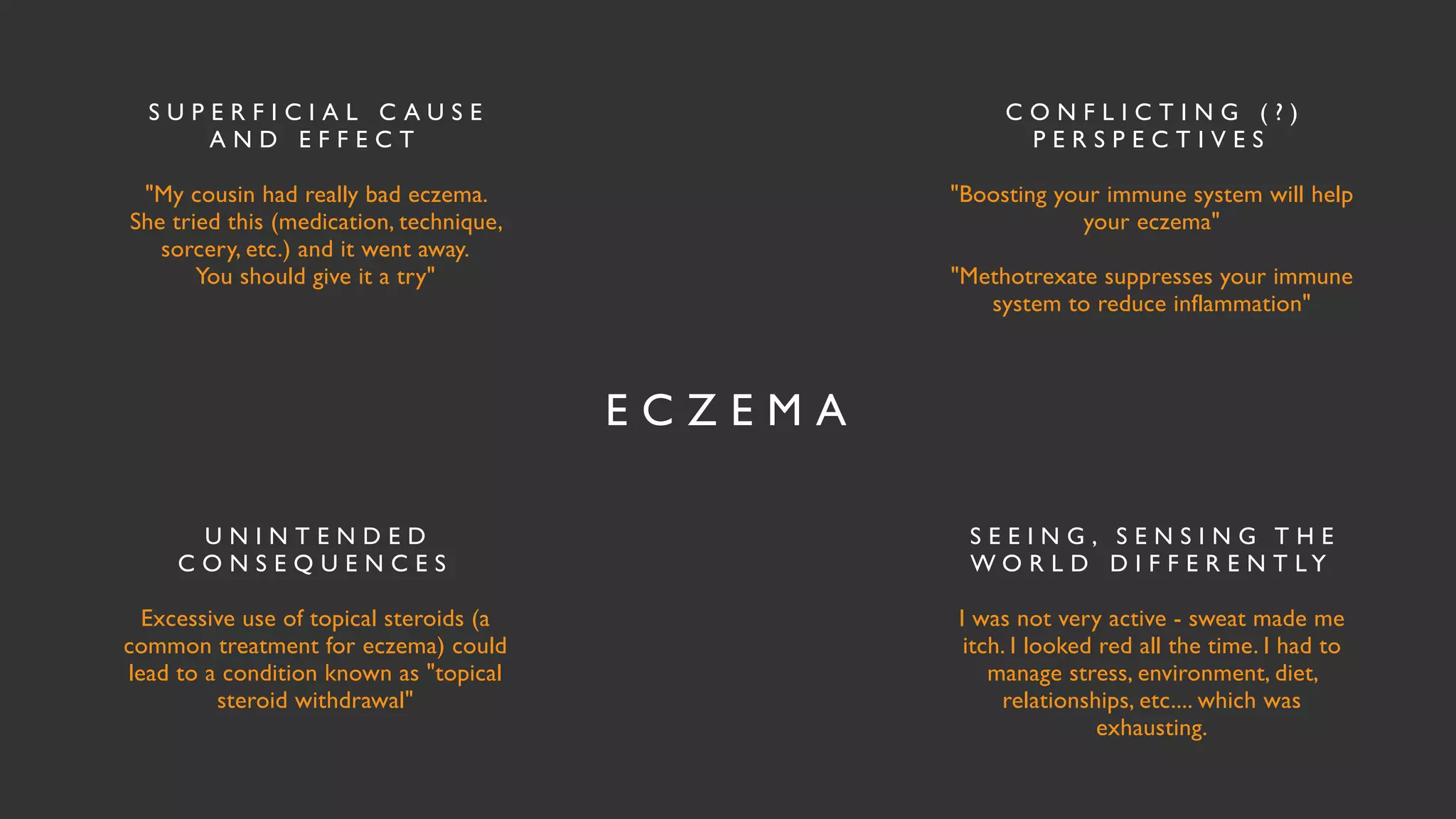 E C Z E M A
S U P E R F I C I A L C A U S E
A N D E F F E C T
"My cousin had really bad eczema.
 

She tried this (medication, technique,
sorcery, etc.) and it went away
.

You should give it a try"
C O N F L I C T I N G ( ? )
P E R S P E C T I V E S
"Boosting your immune system will help
your eczema"
"Methotrexate suppresses your immune
system to reduce inflammation"
U N I N T E N D E D
C O N S E Q U E N C E S
Excessive use of topical steroids (a
common treatment for eczema) could
lead to a condition known as "topical
steroid withdrawal"
S E E I N G , S E N S I N G T H E
W O R L D D I F F E R E N T L Y
I was not very active - sweat made me
itch. I looked red all the time. I had to
manage stress, environment, diet,
relationships, etc.... which was
exhausting.
 