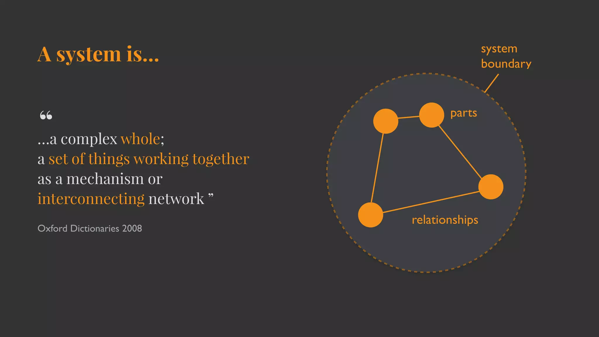 A system is…
…a complex whole;
a set of things working together
as a mechanism or
interconnecting network ”
Oxford Dictionaries 2008
“
relationships
system
 

boundary
parts
 