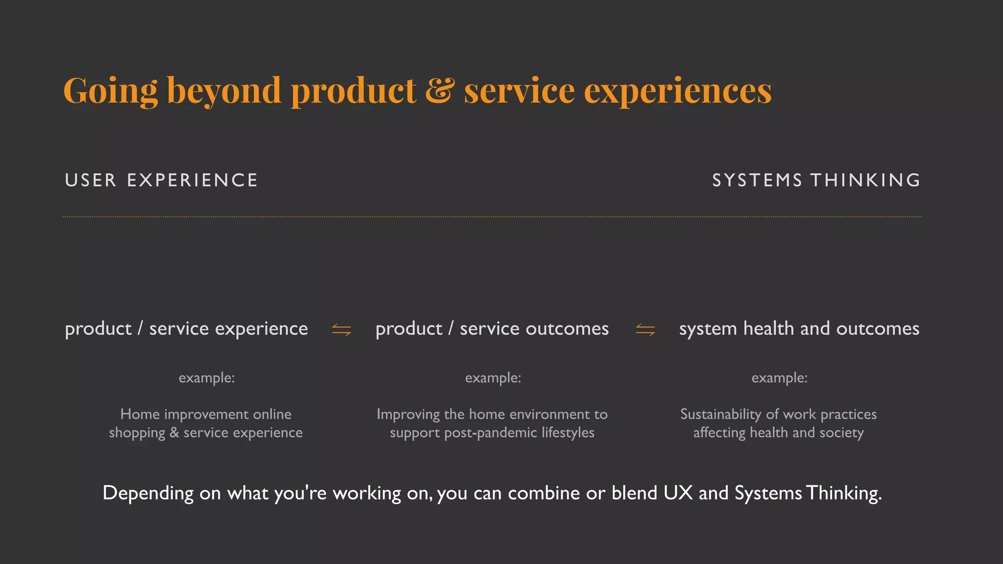 Going beyond product & service experiences
USER EXPE R IEN CE SYSTEMS THINKING
USER EXPE R IEN CE SYSTEMS THINKING
product / service experience product / service outcomes system health and outcomes
example:
 

Home improvement online
shopping & service experience
example:
Improving the home environment to
support post-pandemic lifestyles
example:
 

Sustainability of work practices
affecting health and society
Depending on what you're working on, you can combine or blend UX and Systems Thinking.
⇋ ⇋
 