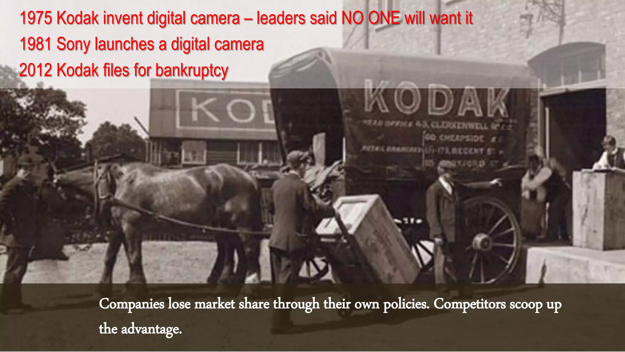 Companies lose market share through their own policies. Competitors scoop up
the advantage.
1975 Kodak invent digital camera – leaders said NO ONE will want it
1981 Sony launches a digital camera
2012 Kodak files for bankruptcy
 