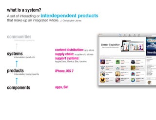 communities
	 interrelated systems
systems
	 interrelated products
products
	 interrelated components
components
what is a system?
A set of interacting or interdependent products
that make up an integrated whole. J. Christopher Jones
apps, Siri
iPhone, iOS 7
content distribution: app store
supply chain: suppliers to stores
support systems:
AppleCare, Genius Bar, forums
 