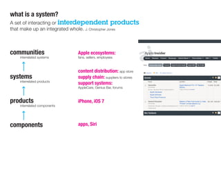 communities
	 interrelated systems
systems
	 interrelated products
products
	 interrelated components
components
what is a system?
A set of interacting or interdependent products
that make up an integrated whole. J. Christopher Jones
apps, Siri
iPhone, iOS 7
Apple ecosystems:
fans, sellers, employees
content distribution: app store
supply chain: suppliers to stores
support systems:
AppleCare, Genius Bar, forums
 
