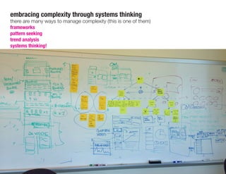 embracing complexity through systems thinking
there are many ways to manage complexity (this is one of them)
frameworks
pattern seeking
trend analysis
systems thinking!
 