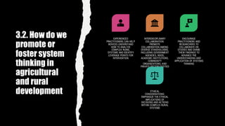 3.2. How do we
promote or
foster system
thinking in
agricultural
and rural
development
EXPERIENCED
PRACTITIONERS CAN HELP
NOVICES UNDERSTAND
HOW TO ANALYZE
COMPLEX RURAL
SYSTEMS AND IDENTIFY
LEVERAGE POINTS FOR
INTERVENTION
INTERDISCIPLINARY
COLLABORATION:
PROMOTE
COLLABORATION AMONG
DIVERSE STAKEHOLDERS,
INCLUDING GOVERNMENT
AGENCIES, NGOS,
ACADEMIC INSTITUTIONS,
COMMUNITY
ORGANIZATIONS, AND
PRIVATE SECTOR ENTITIES
ENCOURAGE
PRACTITIONERS AND
RESEARCHERS TO
COLLABORATE ON
STUDIES AND SHARE
THEIR FINDINGS TO
ADVANCE THE
UNDERSTANDING AND
APPLICATION OF SYSTEMS
THINKING
ETHICAL
CONSIDERATIONS:
EMPHASIZE THE ETHICAL
IMPLICATIONS OF
DECISIONS AND ACTIONS
WITHIN COMPLEX RURAL
SYSTEMS
 