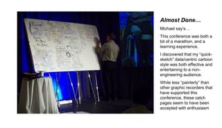 Almost Done…
Michael say’s…
This conference was both a
bit of a marathon, and a
learning experience.
I discovered that my “quick-
sketch” data/centric cartoon
style was both effective and
entertaining to a non-
engineering audience.
While less “painterly” than
other graphic recorders that
have supported this
conference, these catch
pages seem to have been
accepted with enthusiasm
 