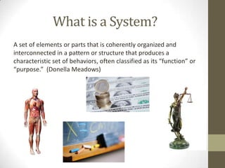 What is a System?
A set of elements or parts that is coherently organized and
interconnected in a pattern or structure that produces a
characteristic set of behaviors, often classified as its “function” or
“purpose.” (Donella Meadows)
 