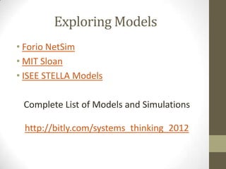 Exploring Models
• Forio NetSim
• MIT Sloan
• ISEE STELLA Models

 Complete List of Models and Simulations

 http://bitly.com/systems_thinking_2012
 