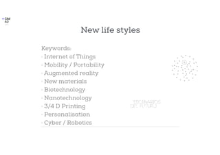 New life styles
Keywords:
· Internet of Things
· Mobility / Portability
· Augmented reality
· New materials
· Biotechnology
· Nanotechnology
· 3/4 D Printing
· Personalisation
· Cyber / Robotics
 